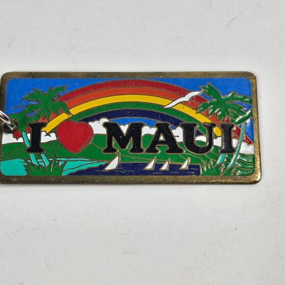 I Heart Maui Vintage Keychain Brass Enamel Hawaii Souvenir 1980s - Picture 2 of 7